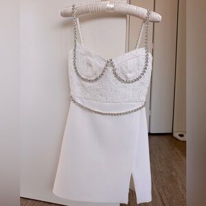 Self Portrait lace bodice crystal mini dress, white